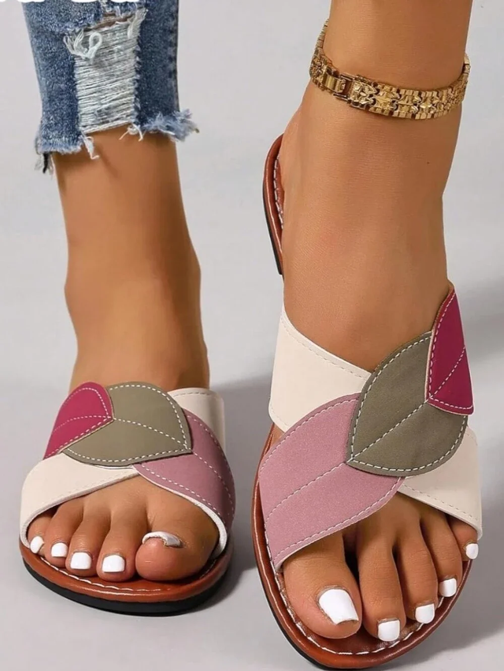 Women’s Multicolor Leaf-Accent Slide Sandals - Pink/Green/White